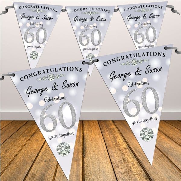Personalised 60th Diamond Wedding Anniversary Flag Bunting Banner - N114