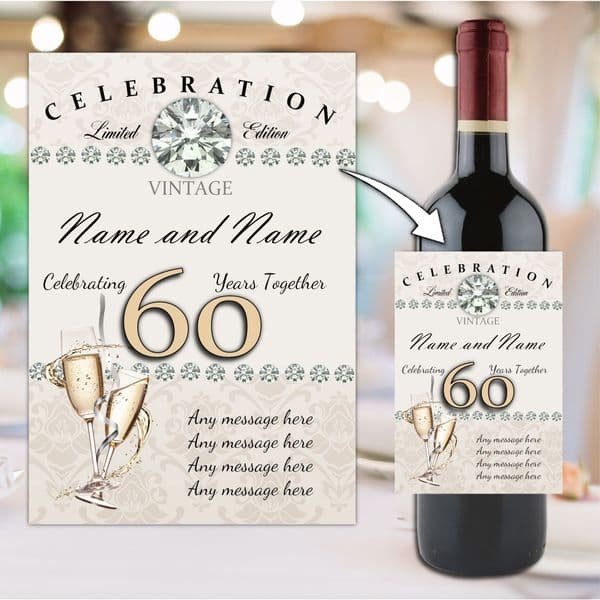 Personalised 60th Diamond Wedding Anniversary Wine / Champagne Bottle Label N58