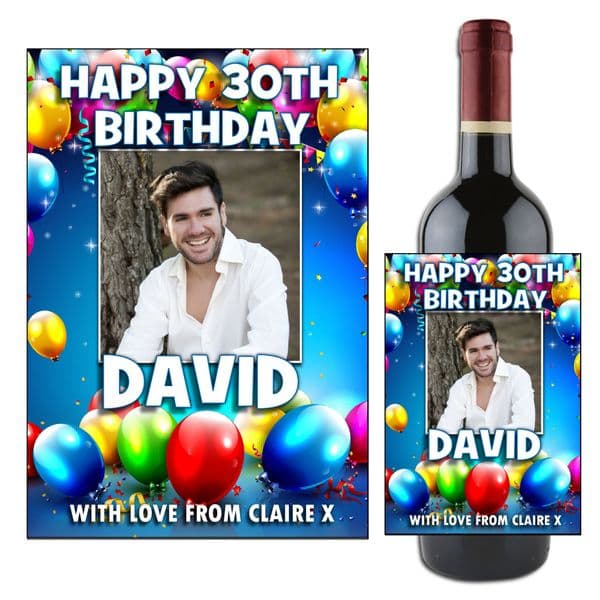 Personalised Balloons Happy Birthday Wine / Champagne Bottle PHOTO Label N114 - ANY AGE!