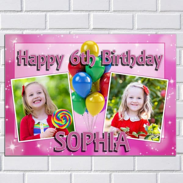 Personalised Birthday Party PHOTO Banner Poster N116 Girls Balloons & Pink Sparkle ANY AGE