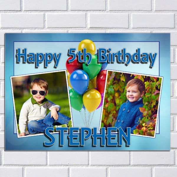 Personalised Birthday Party PHOTO Banner Poster N117 Balloons & Blue Bokeh ANY AGE
