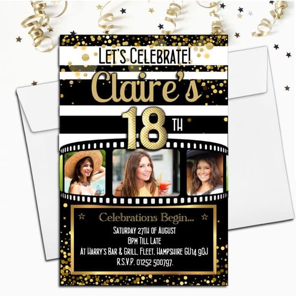 Personalised Birthday Party PHOTO Invitations N225 Black & Gold Camera Film Roll - ANY AGE