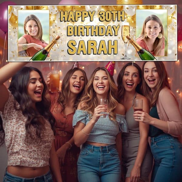 Personalised Birthday Photo Banners N99 Gold Champagne Balloons