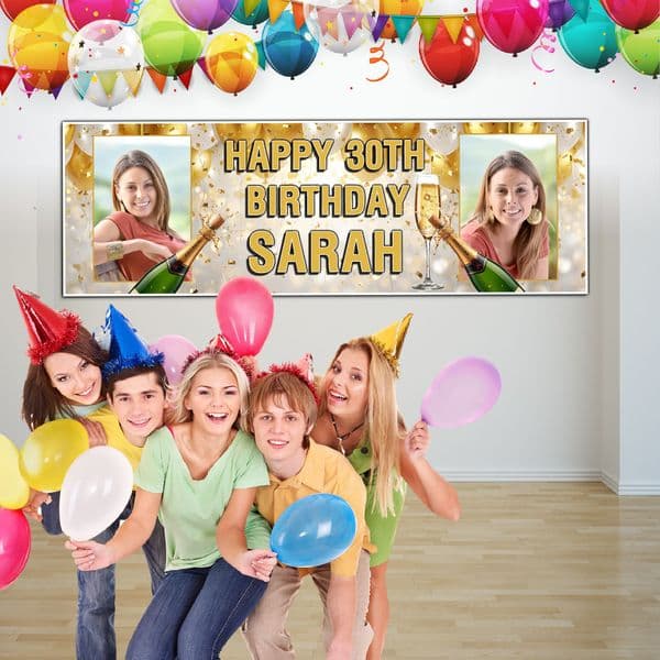 Personalised Birthday Photo Banners N99 Gold Champagne Balloons