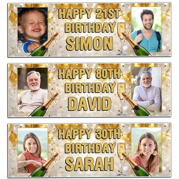 Personalised Birthday Photo Banners N99 Gold Champagne Balloons