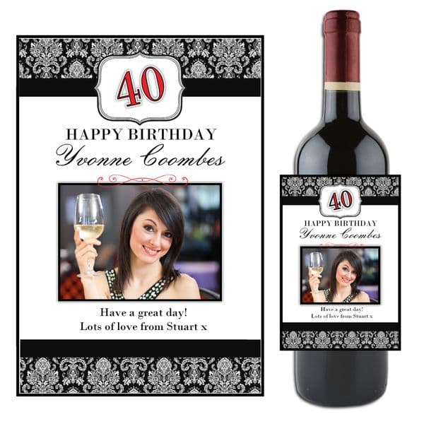 Personalised Black Floral Happy Birthday Wine / Champagne Bottle PHOTO Label N50