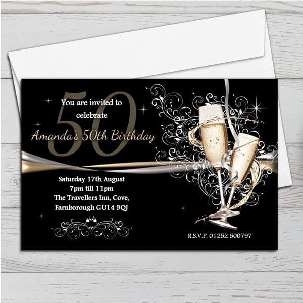 Personalised Black & Gold Champagne Swirls Birthday Party Invitations N183