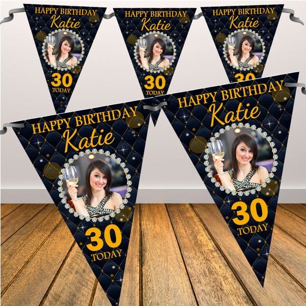Personalised Black & Gold Diamond Quilt Happy Birthday Flag PHOTO Bunting Banner - N75 ANY AGE