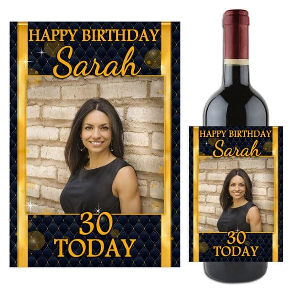 Personalised Black & Gold Diamond Sparkle Happy Birthday Wine / Champagne Bottle PHOTO Label N106