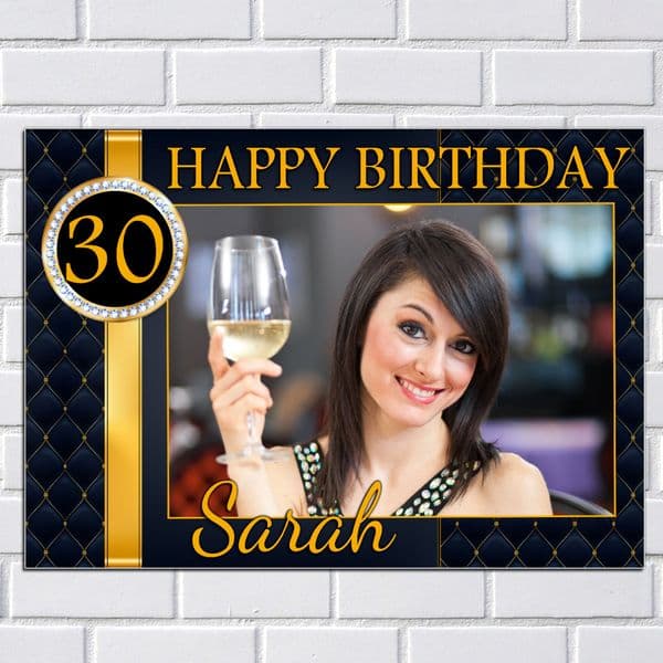 Personalised Black & Gold Diamonds Happy Birthday PHOTO Poster Banner N143