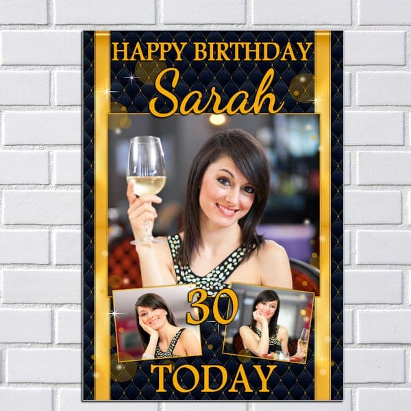 Personalised Black & Gold Diamonds Happy Birthday PHOTO Poster Banner N144