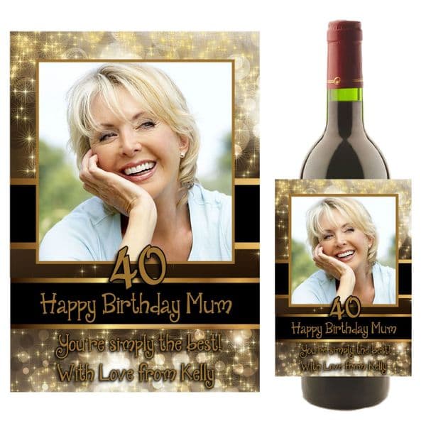 Personalised Black & Gold Glitz Happy Birthday Wine / Champagne Bottle PHOTO Label N21