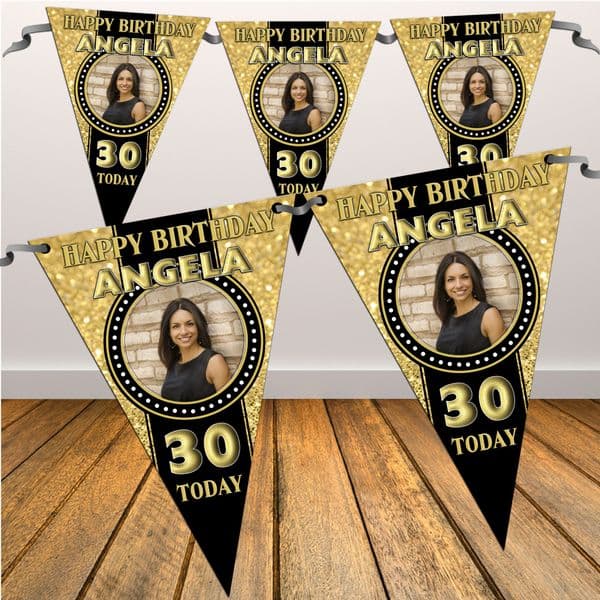 Personalised Black & Gold Happy 18th 21st 30th 40th Birthday Flag PHOTO Bunting Banner - N47 ANY AGE