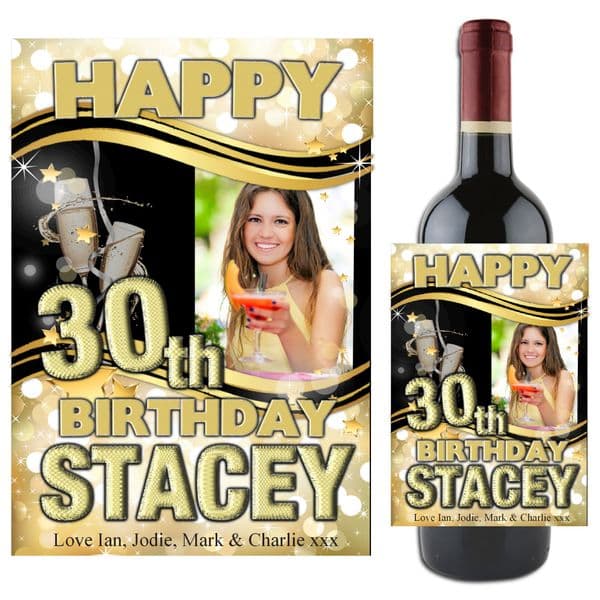 Personalised Black & Gold Happy Birthday Wine / Champagne Bottle PHOTO Label N72