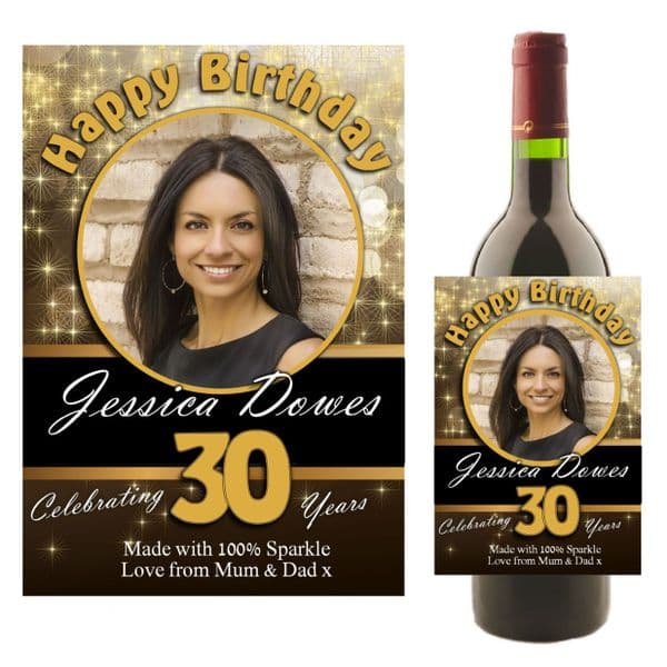 Personalised Black & Gold Happy Birthday Wine / Champagne Bottle PHOTO Label N9
