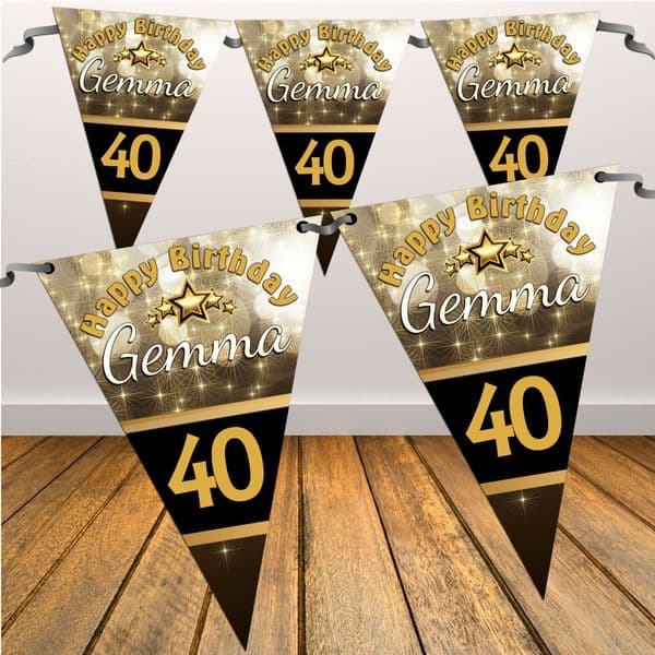 Personalised Black & Gold Sparkle Happy Birthday Flag Bunting Banner - N22
