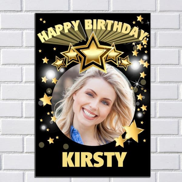 Personalised Black & Gold Star Sparkle Happy Birthday PHOTO Poster Banner N99