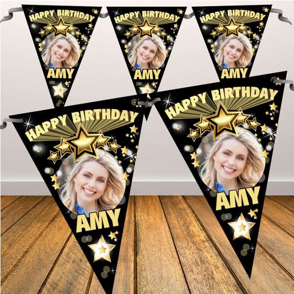Personalised Black & Gold Stars Happy Birthday Flag PHOTO Bunting Banner - N68 ANY AGE