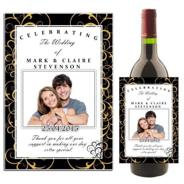 Personalised Black & Gold Swirls Wedding Celebration Wine / Champagne Bottle PHOTO Label N36