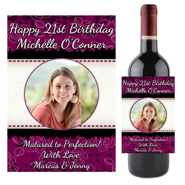Personalised Black & Purple Floral Happy Birthday Wine / Champagne Bottle PHOTO Label N51