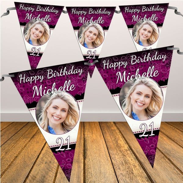 Personalised Black & Purple Happy Birthday Flag PHOTO Bunting Banner - N35
