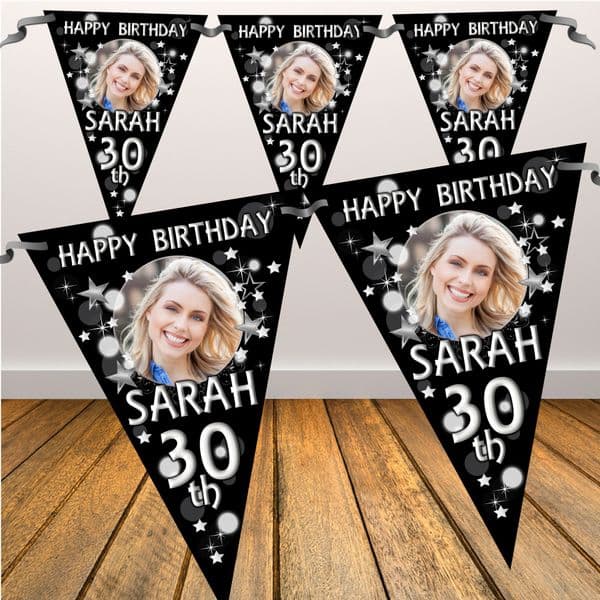 Personalised Black & Silver Happy Birthday Flag PHOTO Bunting Banner - N70 ANY AGE
