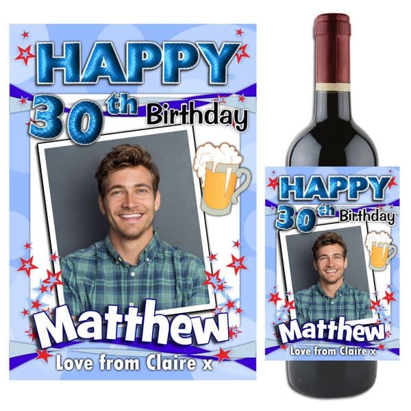 Personalised Blue Beer Glass Happy Birthday Wine / Champagne Bottle PHOTO Label N69