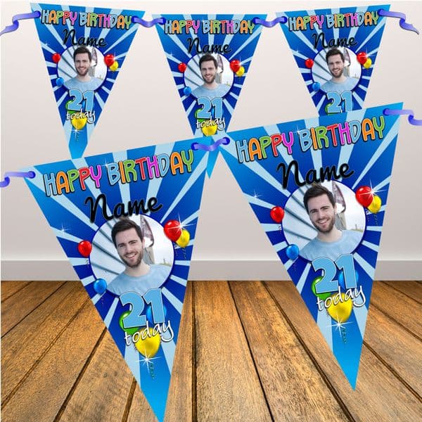 Personalised Blue Blast Happy Birthday Flag PHOTO Bunting Banner - N89 ANY AGE