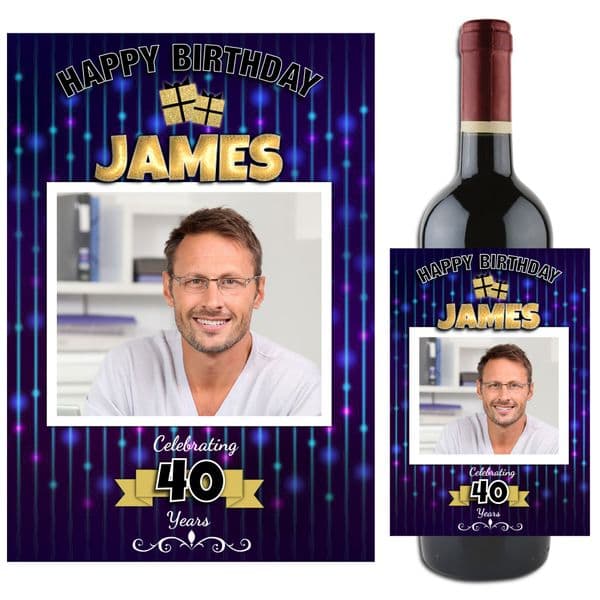 Personalised Blue Bokeh Happy 18th 21st 30th 40th 50th Birthday Wine / Champagne Bottle PHOTO Label N89 - ANY AGE!