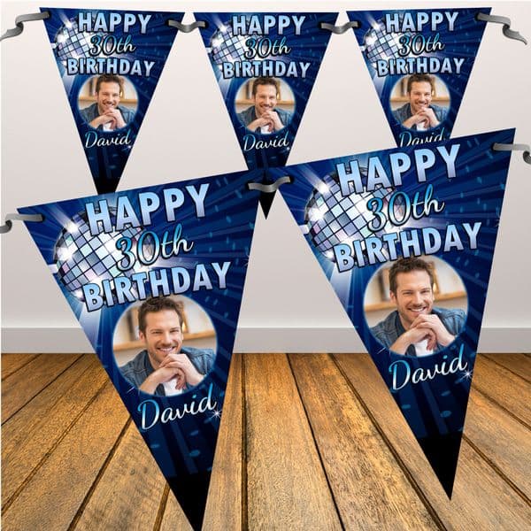 Personalised Blue Disco Glitz Happy Birthday Flag PHOTO Bunting Banner - N69 ANY AGE