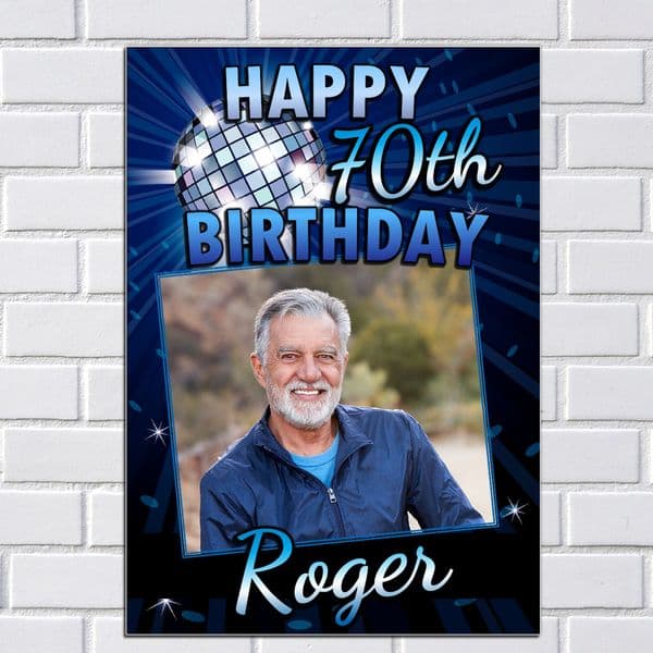 Personalised Blue Disco Glitz Happy Birthday PHOTO Poster Banner N102