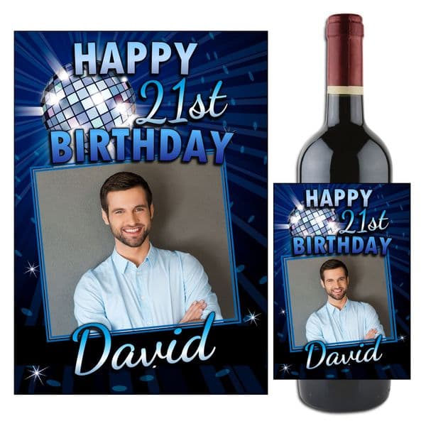 Personalised Blue Glitz Happy Birthday Wine / Champagne Bottle PHOTO Label N98 - ANY AGE!