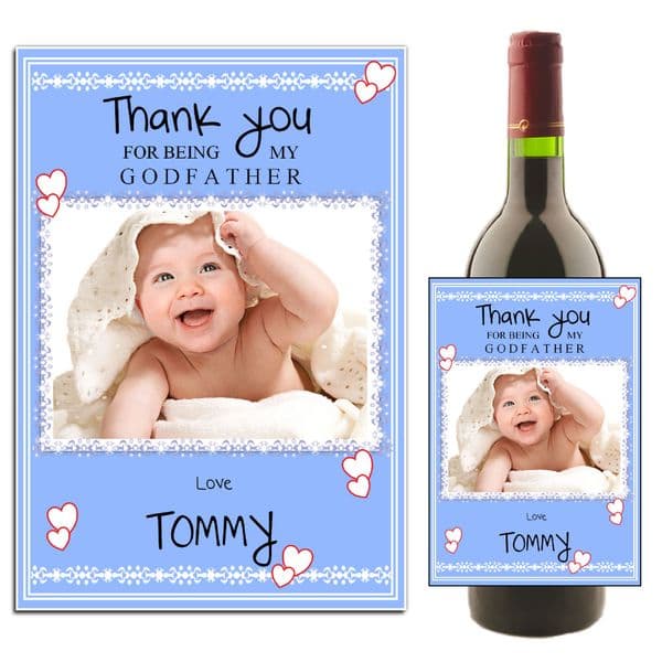 Personalised Blue Godfather Thank you Wine / Champagne Bottle PHOTO Label N28