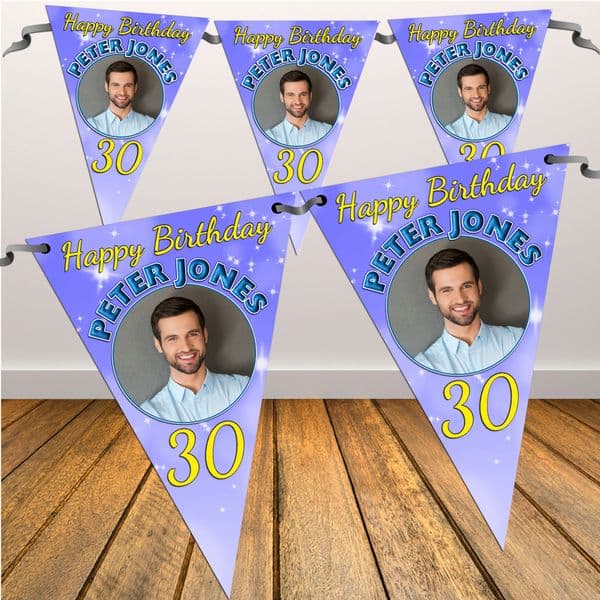 Personalised Blue Happy Birthday Flag PHOTO Bunting Banner - N39
