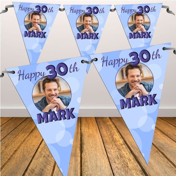 Personalised Blue Happy Birthday Flag PHOTO Bunting Banner - N63