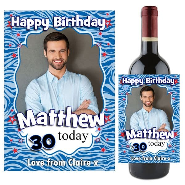 Personalised Blue Happy Birthday Wine / Champagne Bottle PHOTO Label N68