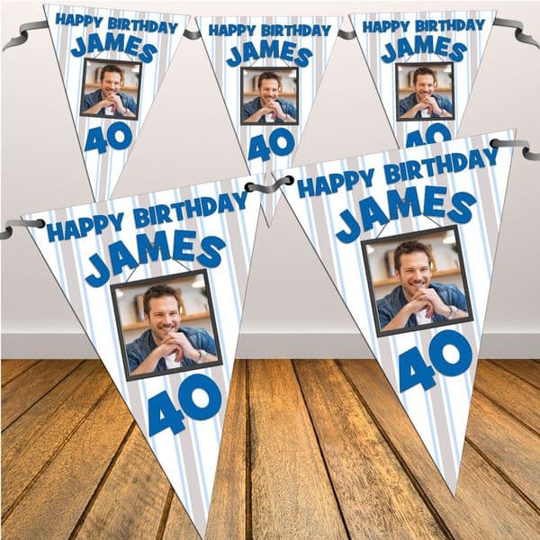 Personalised Blue Stars Happy Birthday Flag PHOTO Bunting Banner - N42