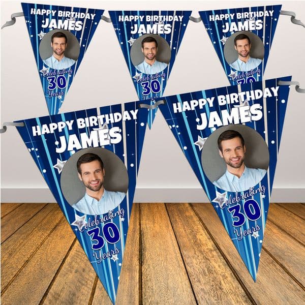 Personalised Blue Stars & Stripes Happy Birthday Flag PHOTO Bunting Banner - N25