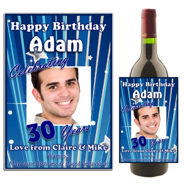 Personalised Blue Stripe Birthday Wine / Champagne Bottle PHOTO Label N23