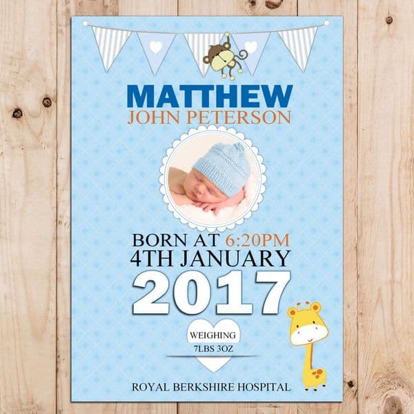 Personalised Boys Blue Birth Announcement Poster Banner Print N60