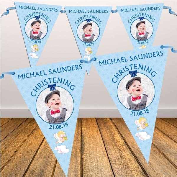 Personalised Boys Christening Baptism Flag PHOTO Banner Bunting - N3