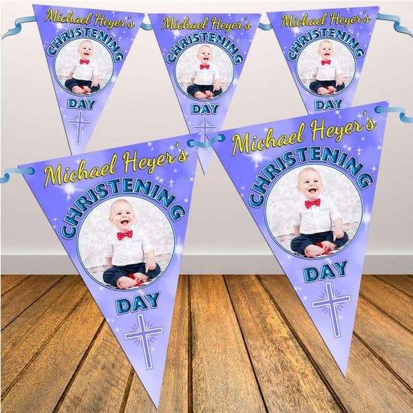 Personalised Boys Christening Baptism Flag PHOTO Banner Bunting - N38