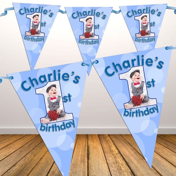 Personalised Boys First 1st Birthday Flag PHOTO Bunting Banner - N20