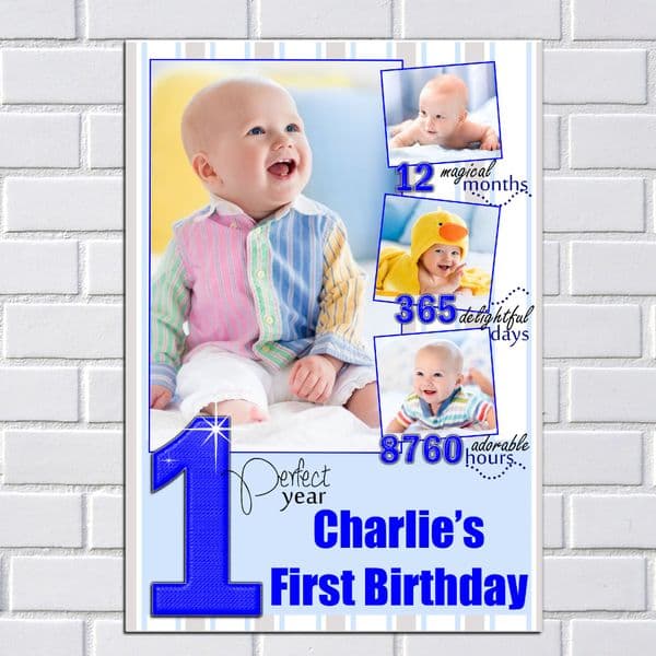Personalised Boys First 1st Happy Birthday Party PHOTO Poster Banner N129 - 1 Perfect Year