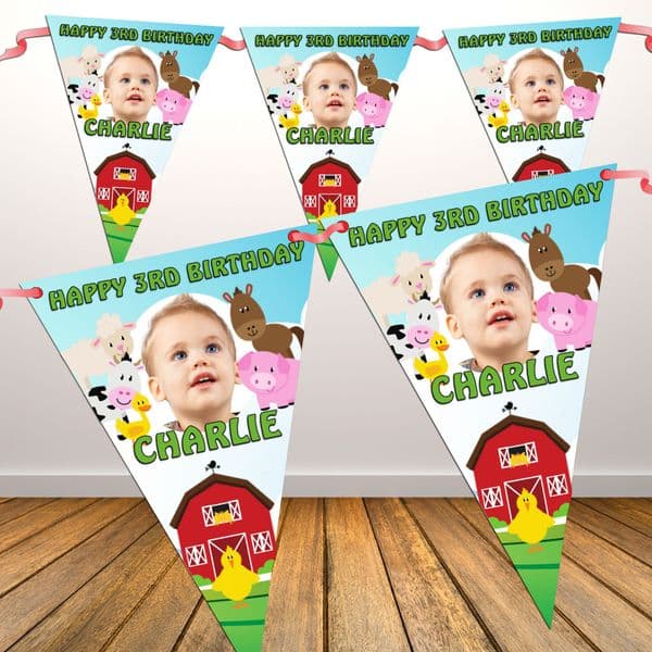 Personalised Boys Girls Farm Animals Happy Birthday Flag PHOTO Bunting Banner - N53