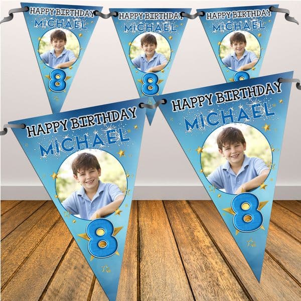 Personalised Boys Star Sparkle Happy Birthday Flag PHOTO Bunting Banner - N79 ANY AGE