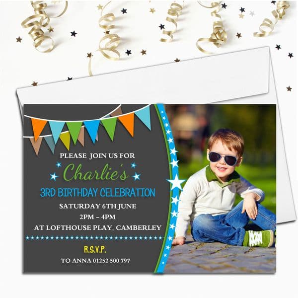 Personalised Boys Stars & Bunting Birthday Party PHOTO Invitations N212