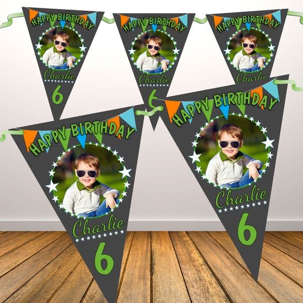 Personalised Bunting & Stars Happy Birthday Flag PHOTO Bunting Banner - N84 ANY AGE