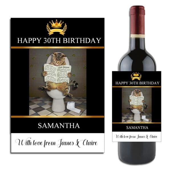 Personalised Cat Happy Birthday Wine / Champagne Bottle Label N187 - Any Age