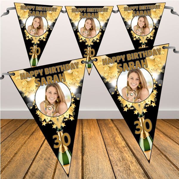 Personalised Champagne Starburst Happy Birthday Flag PHOTO Bunting Banner - N46 ANY AGE
